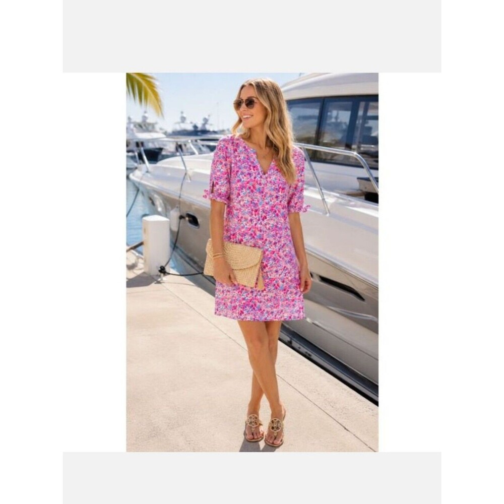 Lilly Pulitzer Easley Aura Pink Floral Tie Sleeve Mini Dress XS 100% Cotton